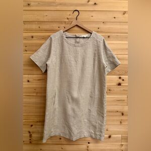 Eileen Fisher Size Large Organic Linen Blend Metallic Silver Tan Dress Lagenlook
